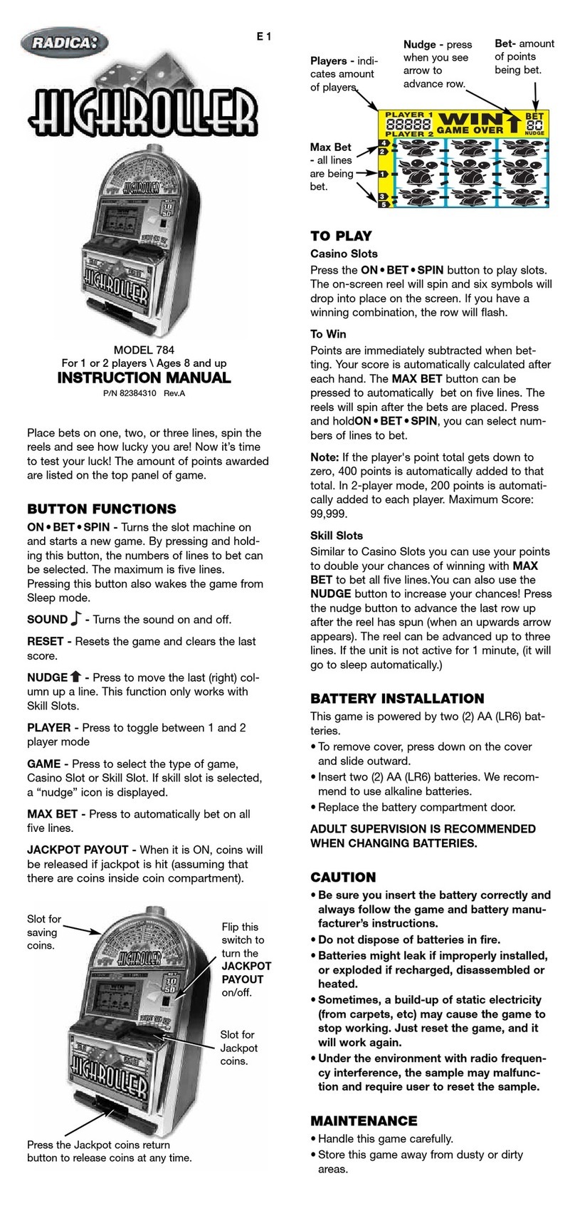 Radica Games Highroller 784 User manual