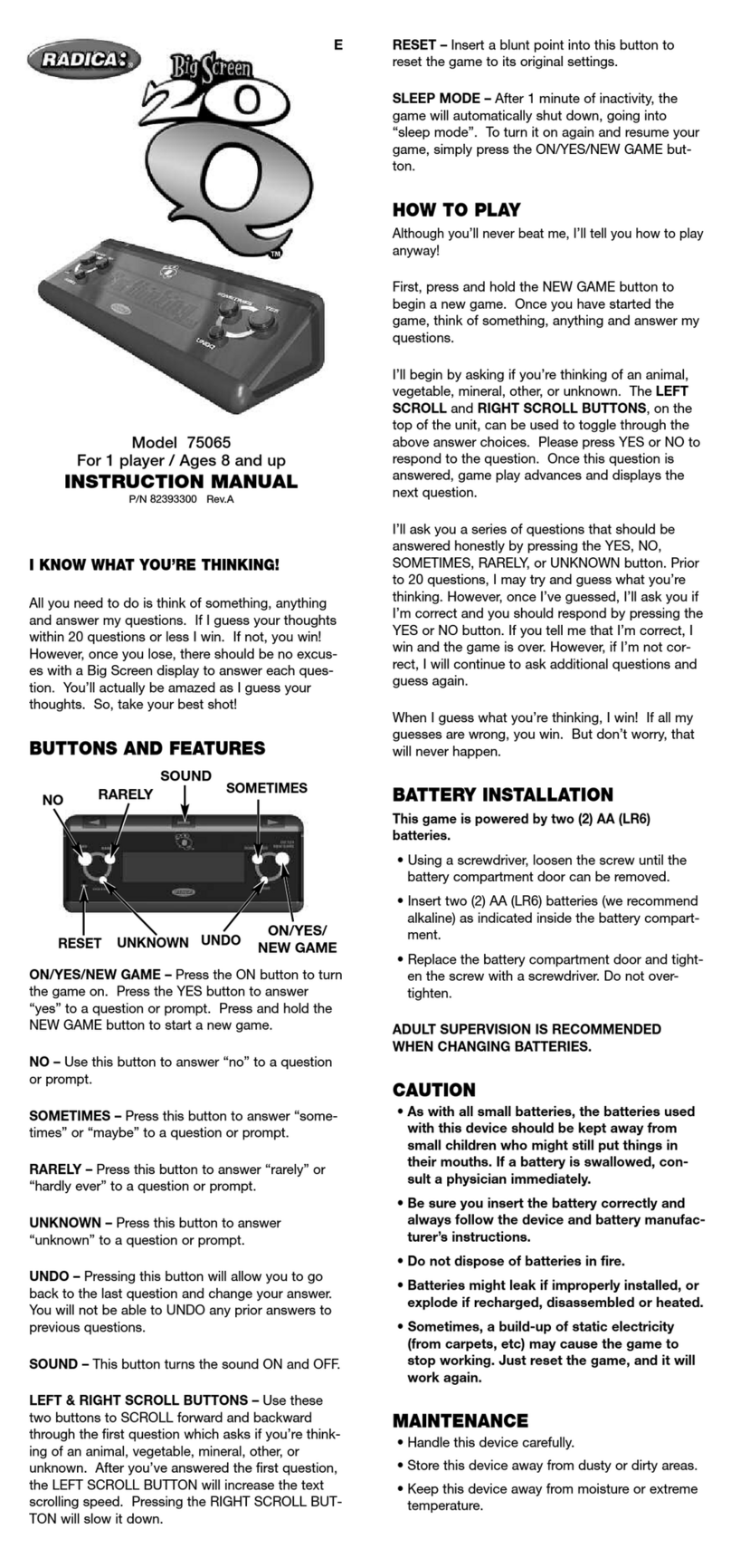 Radica Games 75065 instruction manual