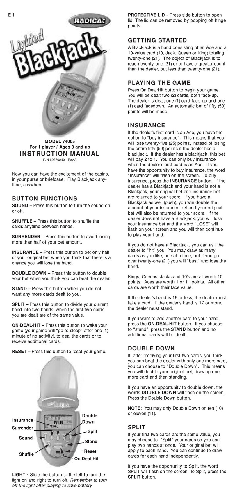 Radica Games Lighted Blackjack 74005 instruction manual