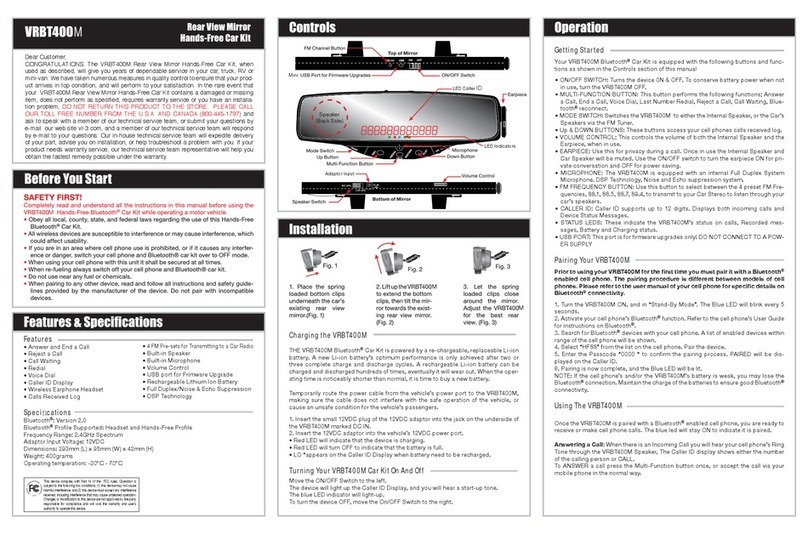 Virtual Reality Rear View Mirror Hands-Free Car Kit VRBT400M User manual Virtual Reality Rear View Mirror Hands-Free Car Kit VRBT400M User manual