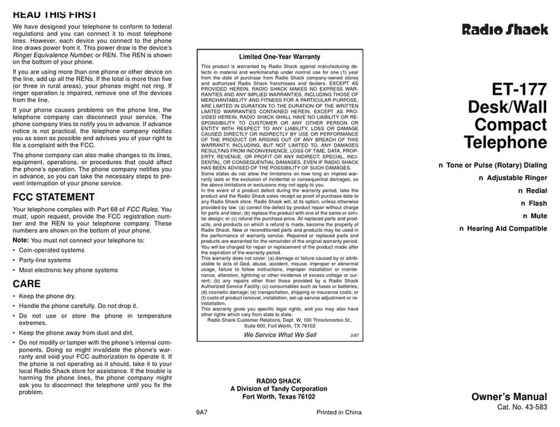 Radio Shack ET-177 owner's manual