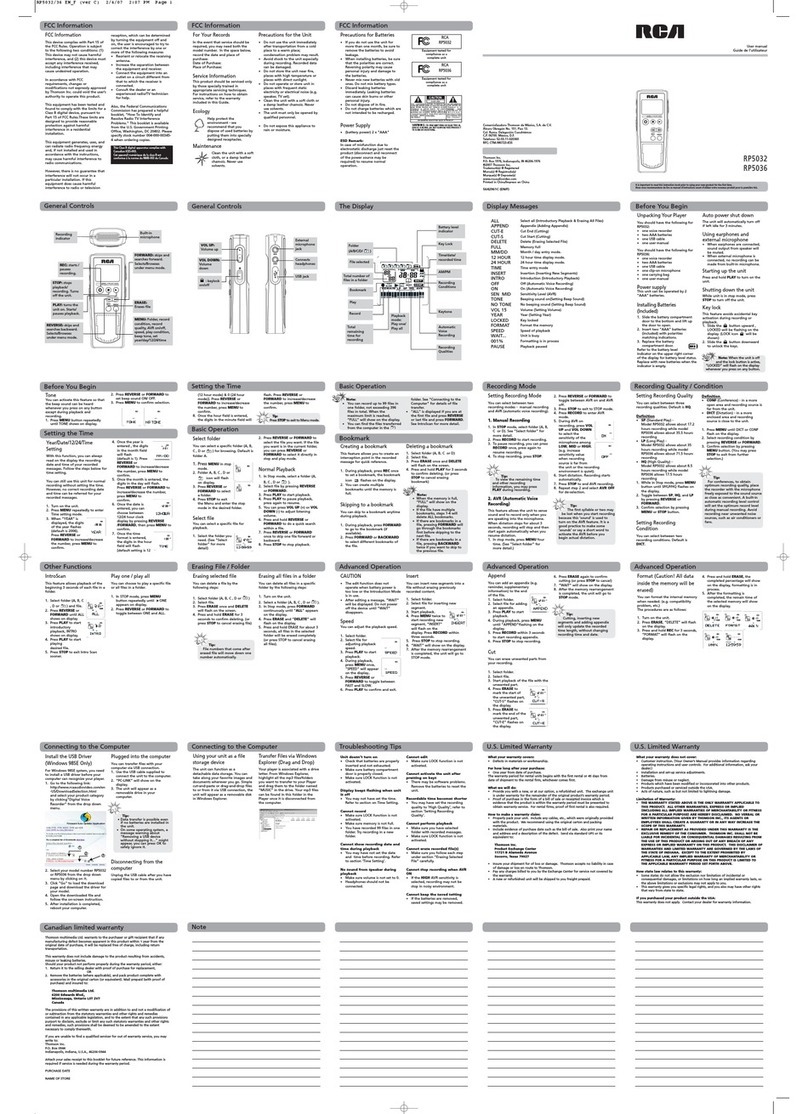RCA RP5036 - Voice Recorder 256MB Built user manual