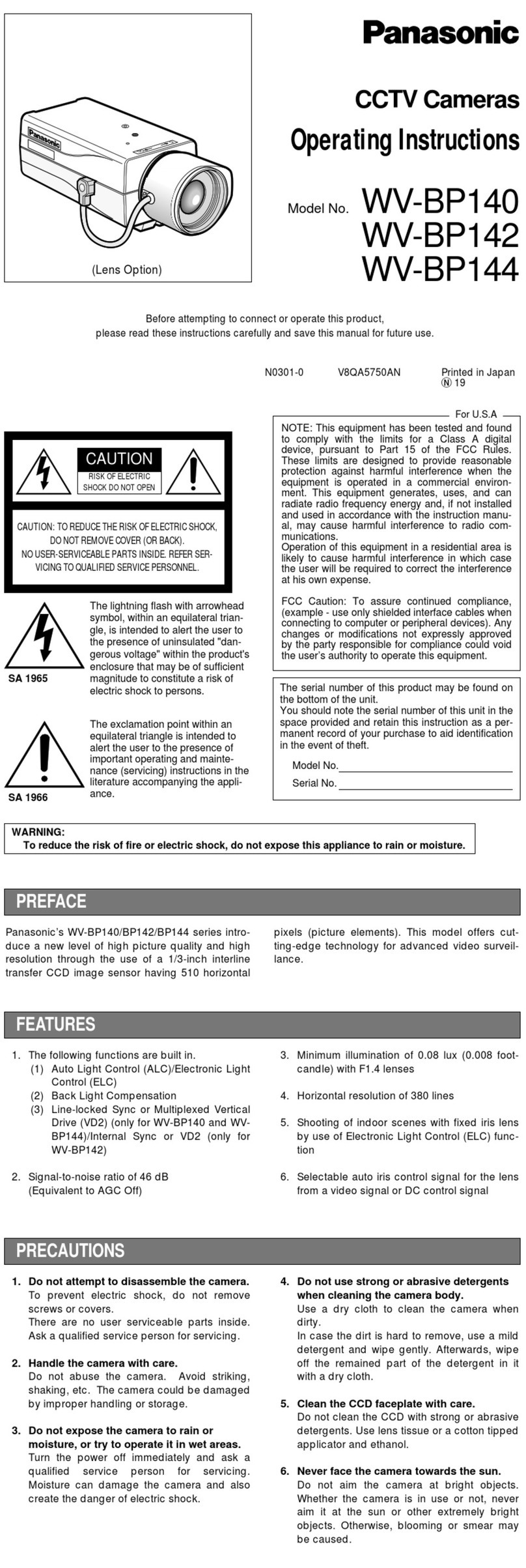 Panasonic WV-BP140 User manual