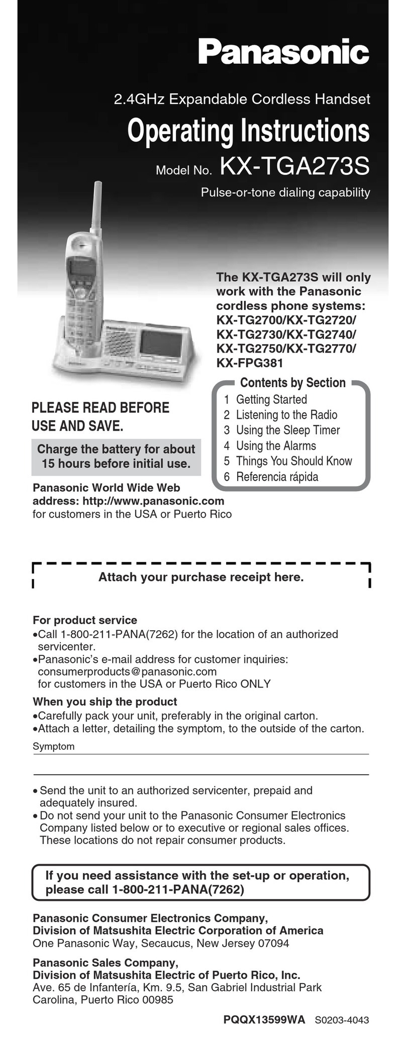 Panasonic KX-TGA273S - Cordless Extension Handset User manual Panasonic KX-TGA273S - Cordless Extension Handset User manual