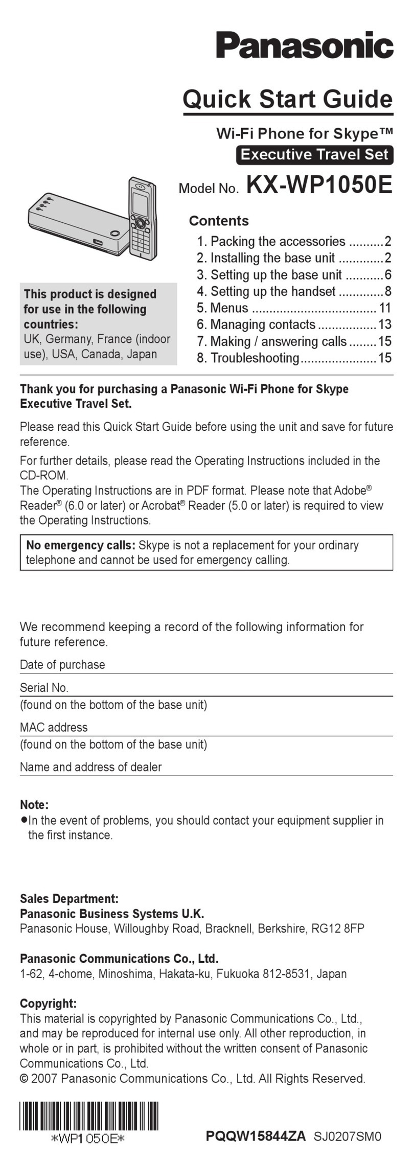 Panasonic KX-WP1050E quick start guide