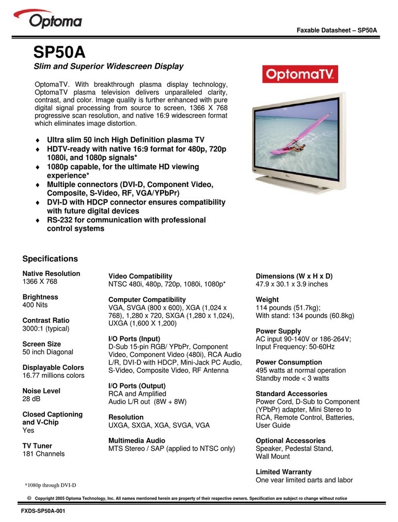 Optoma SP50A Specification sheet
