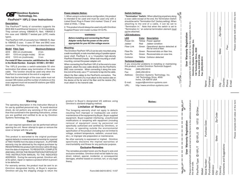 Omnitron Systems Technology FlexPoint 10FL/2 User instructions Omnitron Systems Technology FlexPoint 10FL/2 User instructions