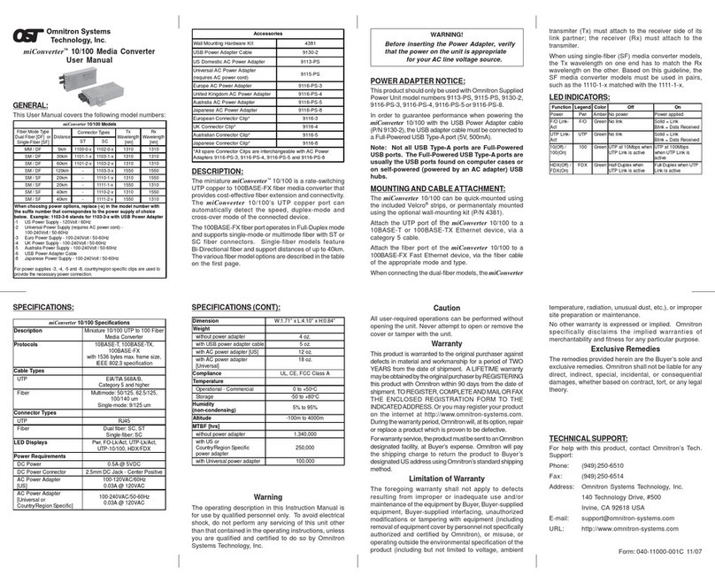 Omnitron Systems Technology 10/100 Media Converter miConverter user manual
