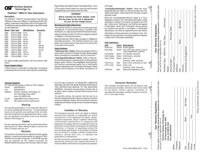Omnitron Systems Technology FlexPoint 100Fx/Tx User instructions