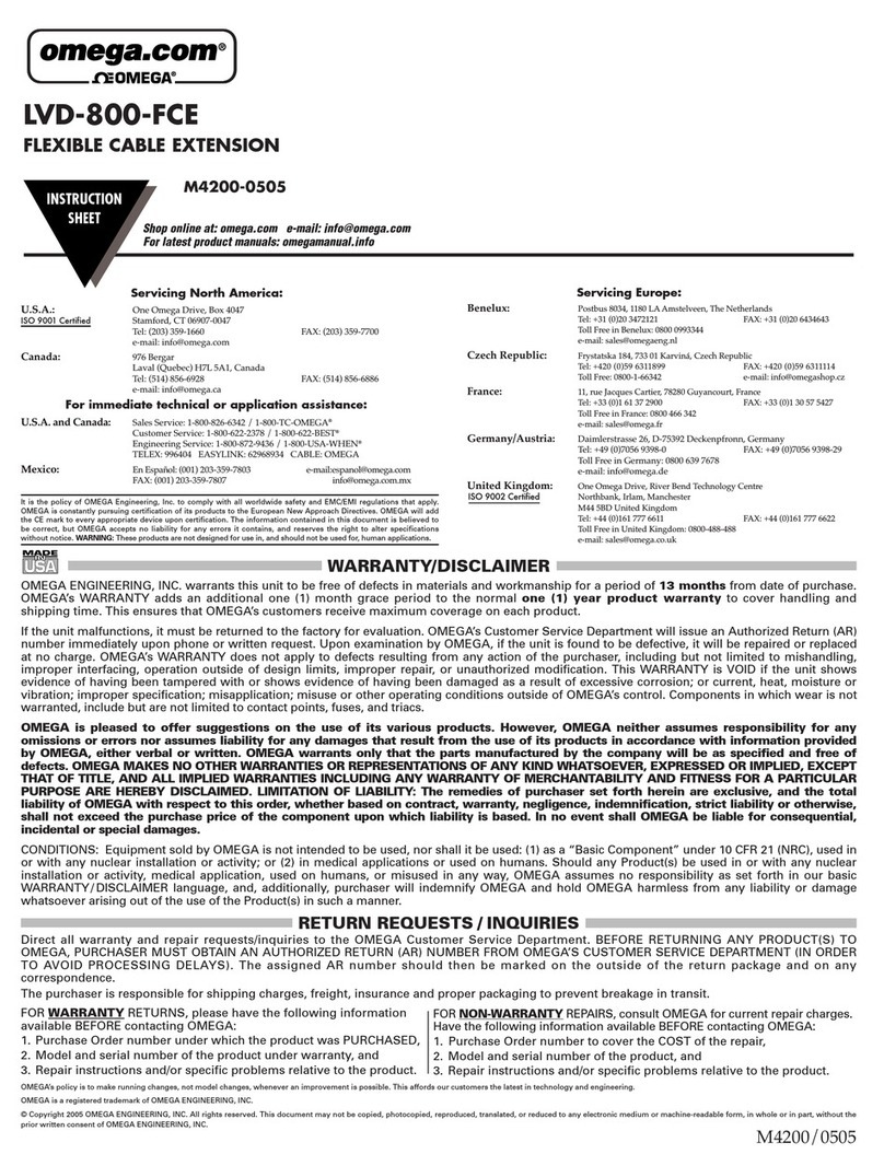 Omega Engineering Flexible Cable Extension LVD-800-FCE instruction sheet