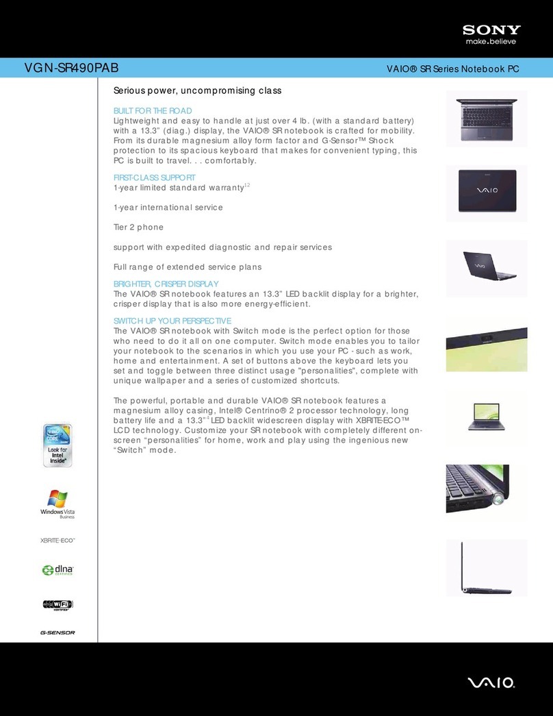 Sony VGNSR490PAB - VAIO SR Series Specifications