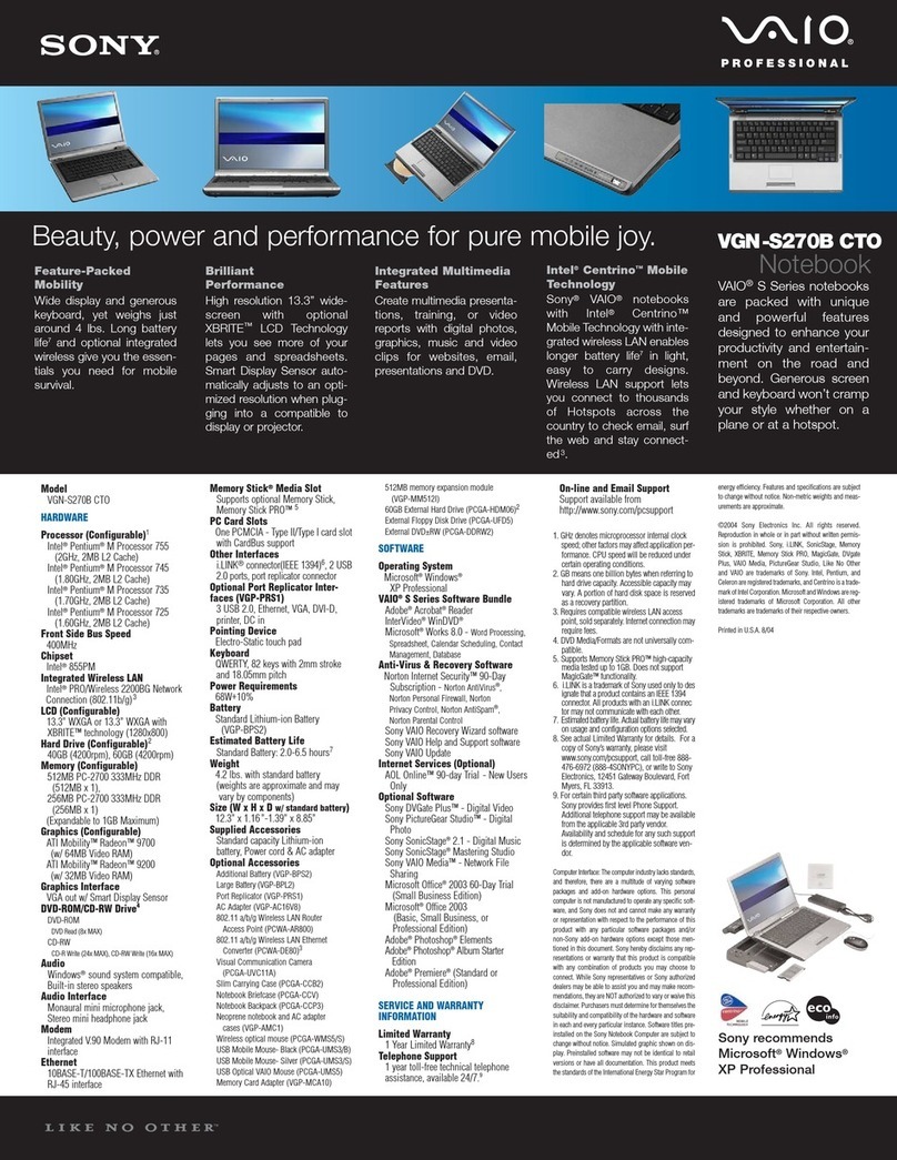 Sony VGN-S270B - VAIO - Pentium M 2 GHz Specifications