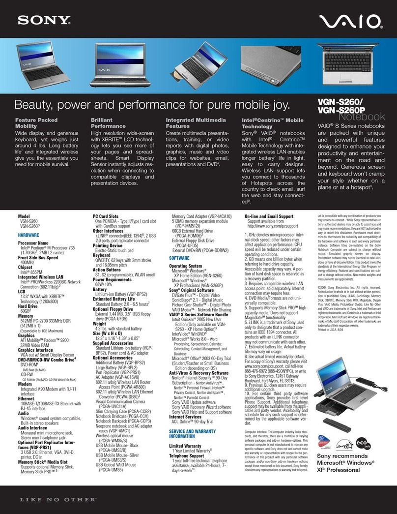 Sony VAIO VGN-S260 Specifications