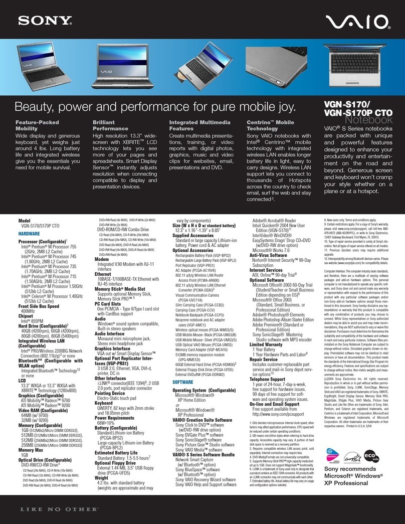 Sony VAIO VGN-S170 CTO Specifications Sony VAIO VGN-S170 CTO Specifications