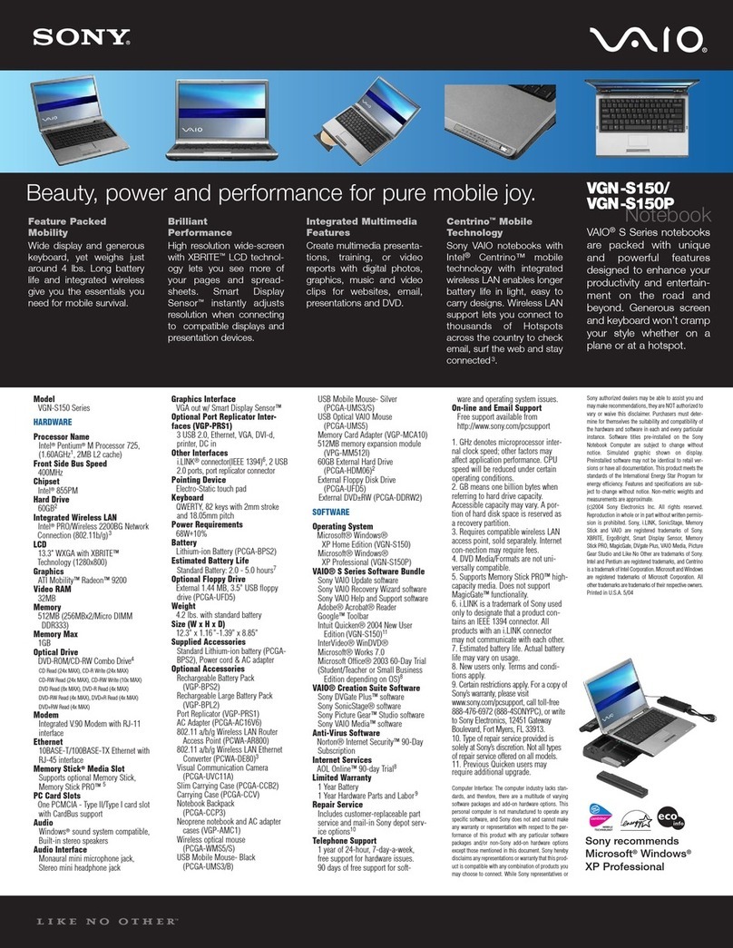 Sony VAIO VGN-S150 Specifications