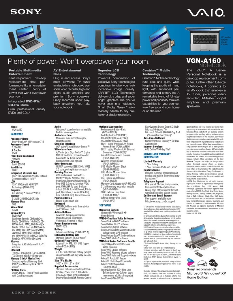 Sony VGN-A160 VAIO User Guide  (primary manual) User manual