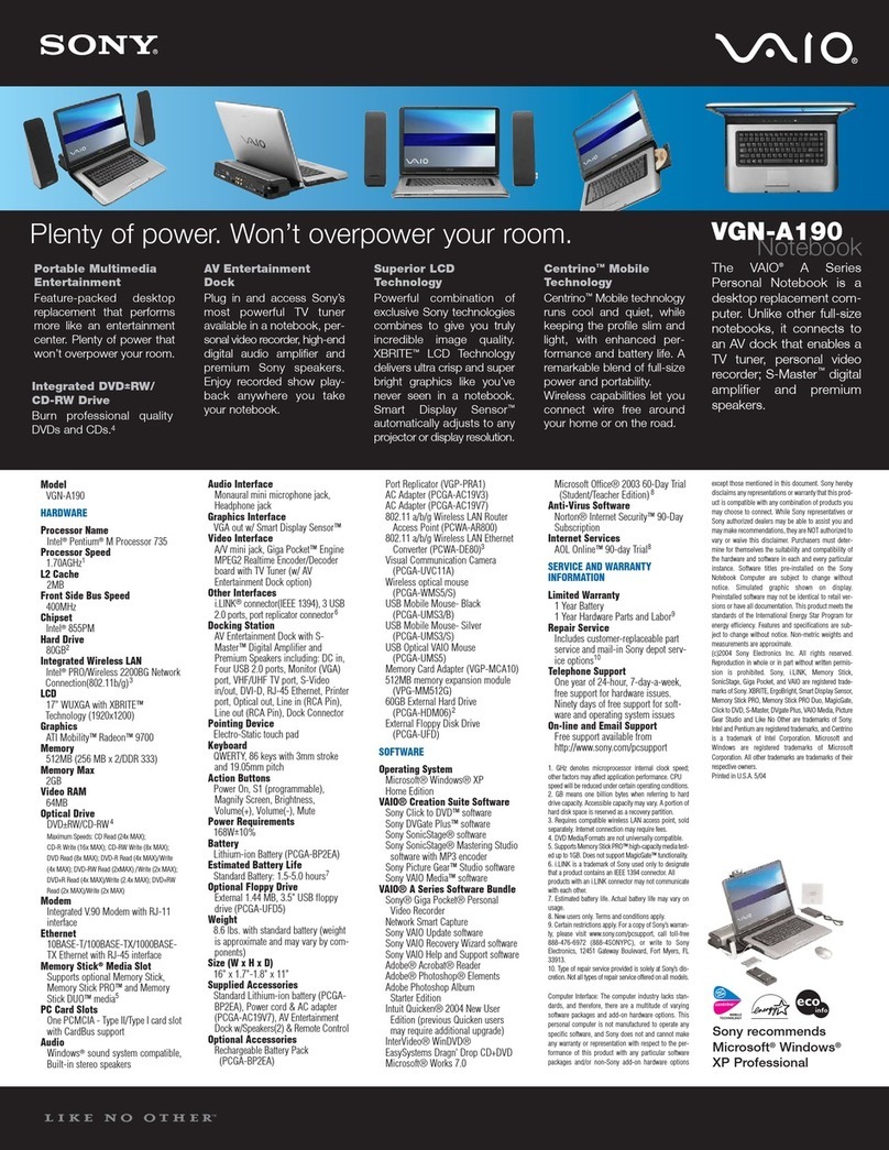 Sony VAIO VGN-A190 Specifications