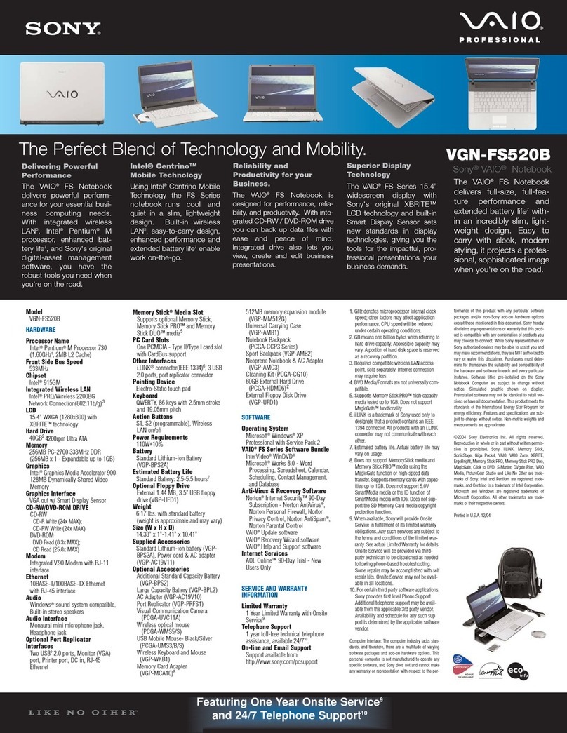Sony VGN-FS520B - VAIO - Pentium M 1.6 GHz specification