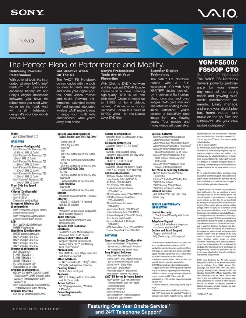 Sony VAIO VGN-FS500 Series Specifications