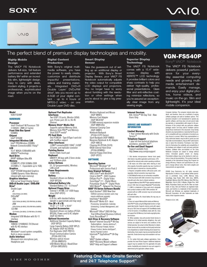 Sony VAIO VGN-FS540P Specifications