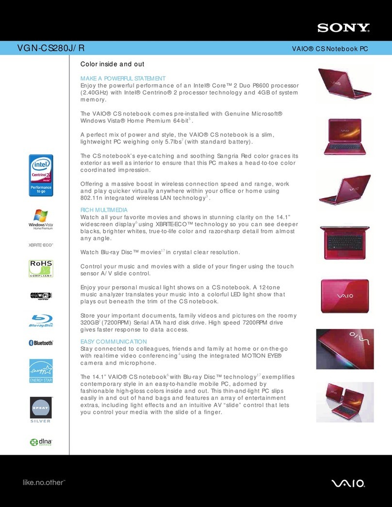 Sony VAIO VGN-CS280J/R Specifications