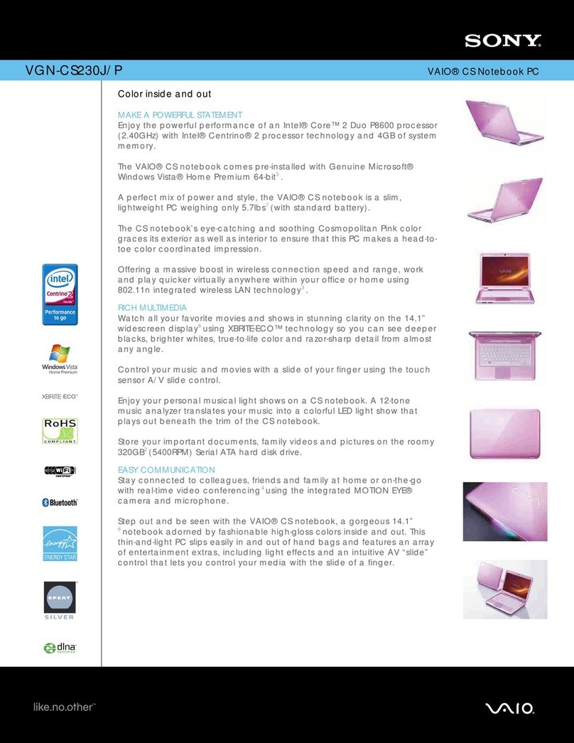 Sony VAIO VGN-CS230J/P Specifications