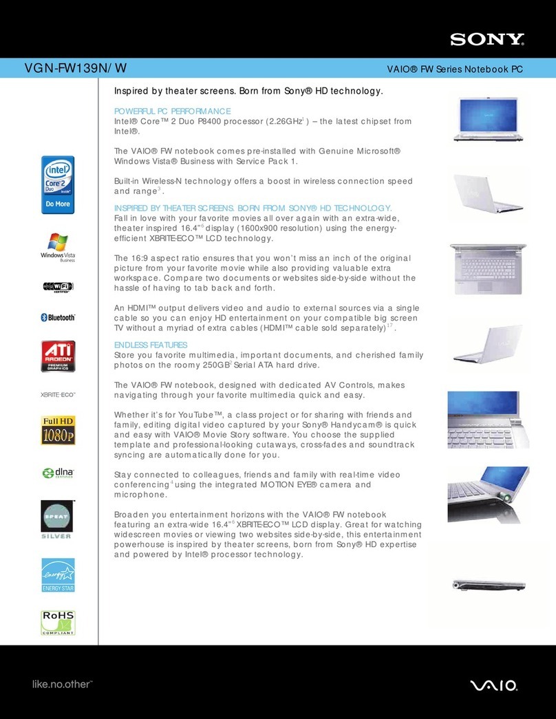 Sony VGN-FW139N Marketing Specifications... Specifications