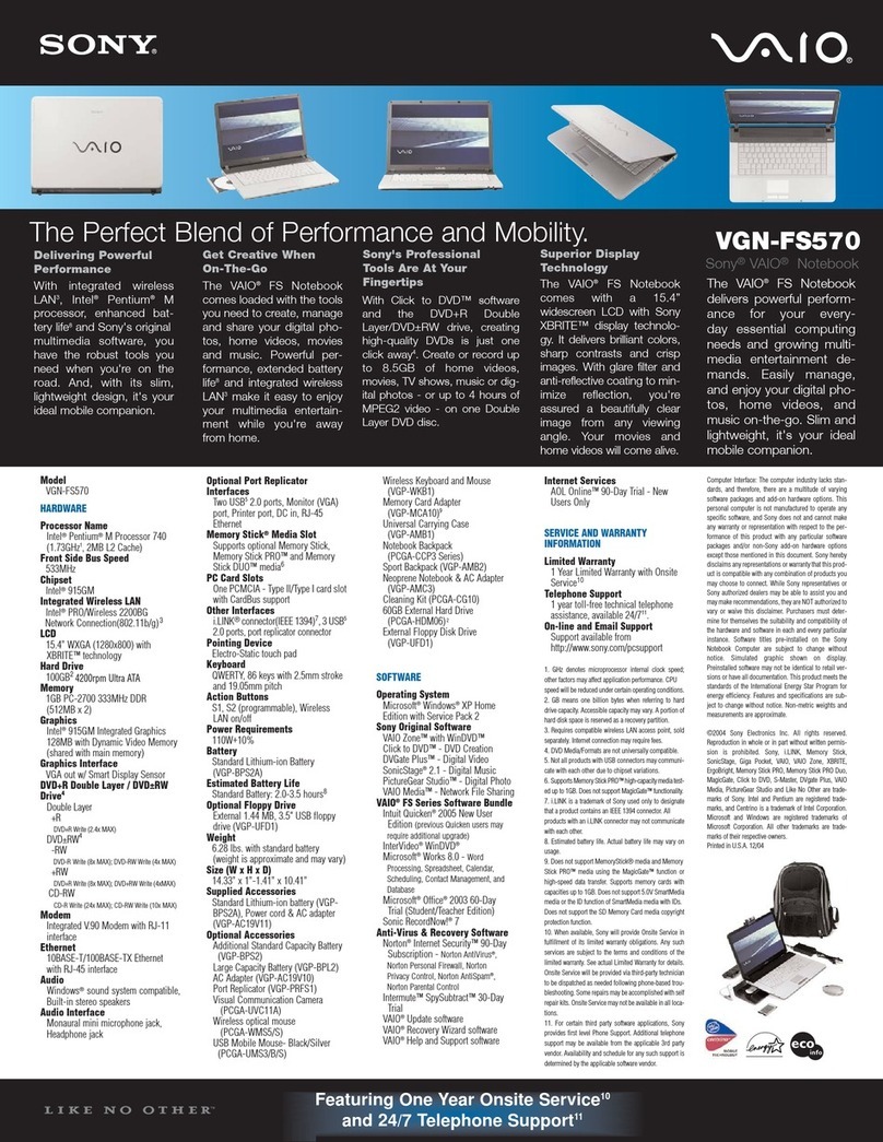 Sony VGN-FS570 - VAIO - Pentium M 1.73 GHz specification
