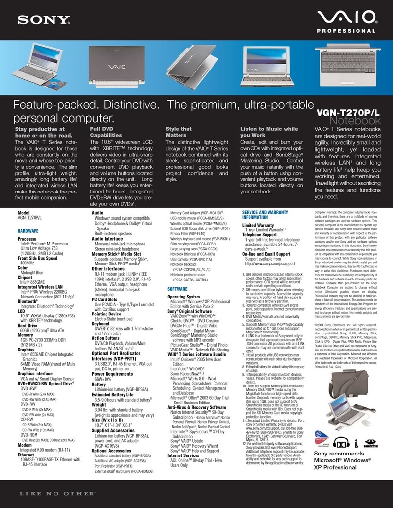 Sony VAIO VGN-T270P Specifications