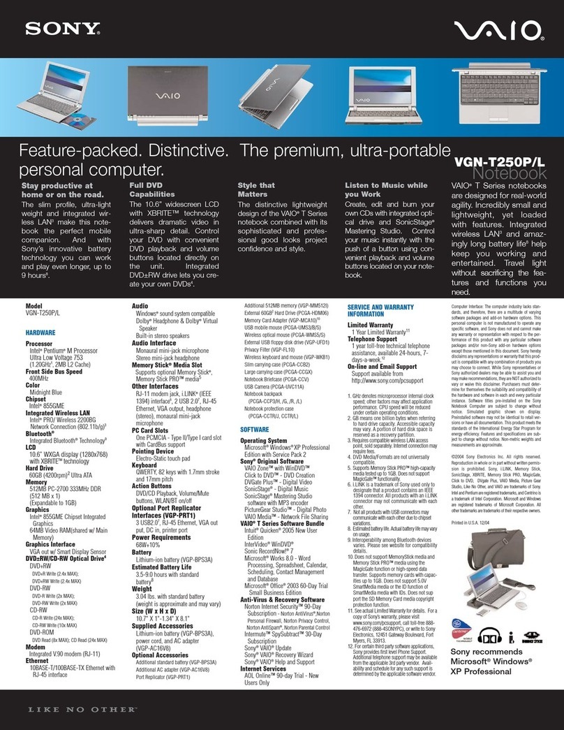 Sony VAIO VGN-T250P Specifications