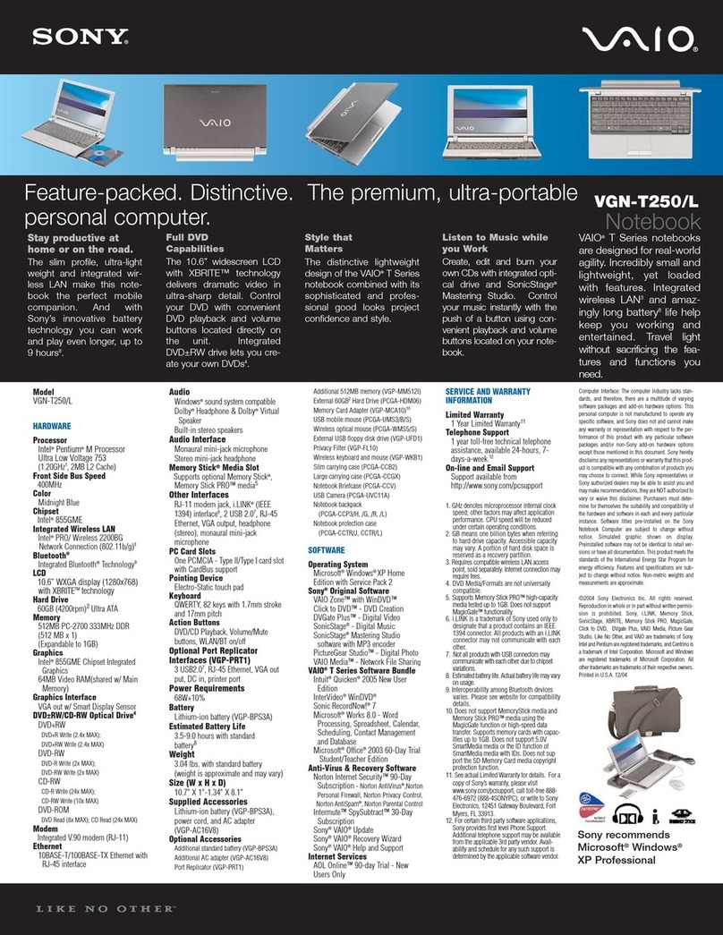 Sony VAIO VGN-T250 Specifications