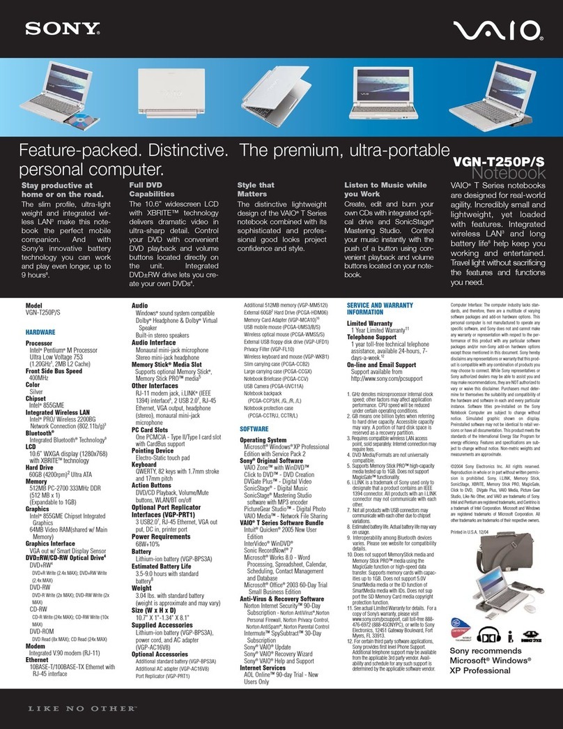 Sony VGN-T250P/S Specifications