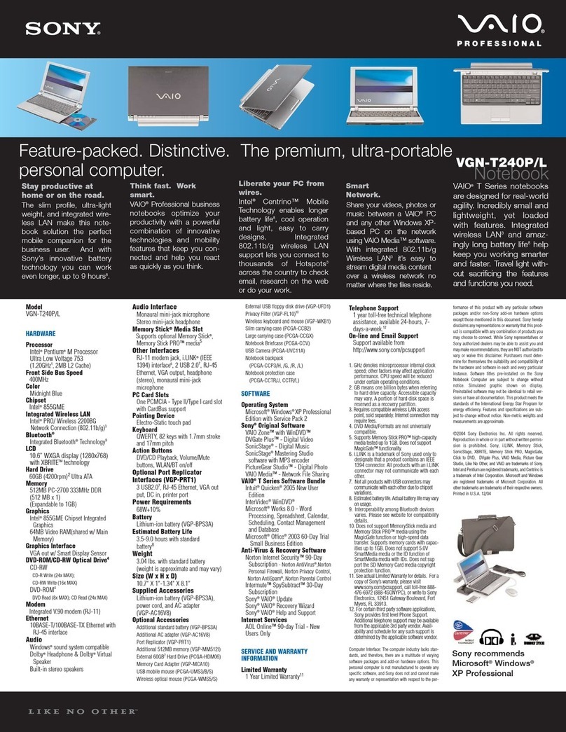 Sony VGN-T240P VAIO Specifications