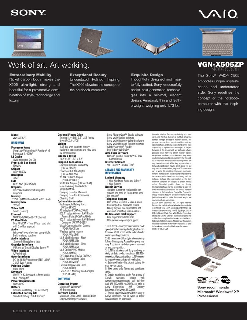 Sony VGN-X505ZP VAIO Specifications