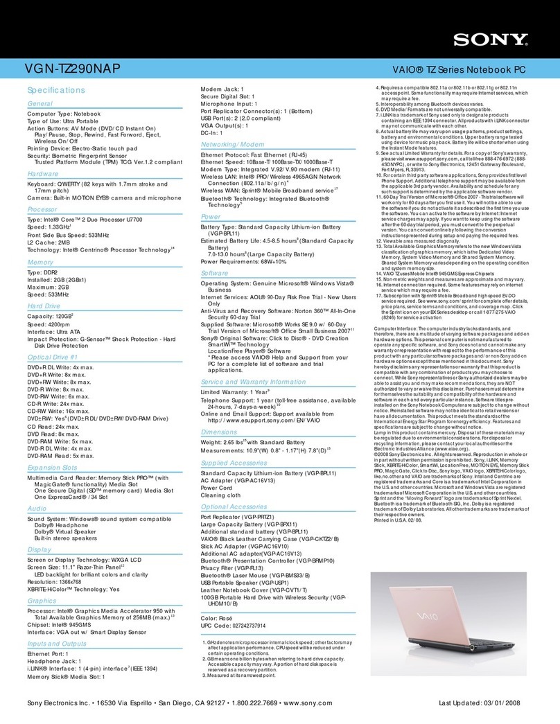 Sony VAIO VGN-TZ290NAP User manual