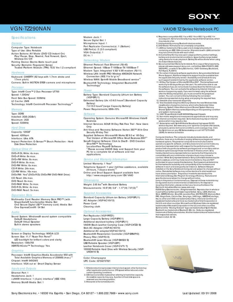 Sony VAIO VGN-TZ290NAN Specifications