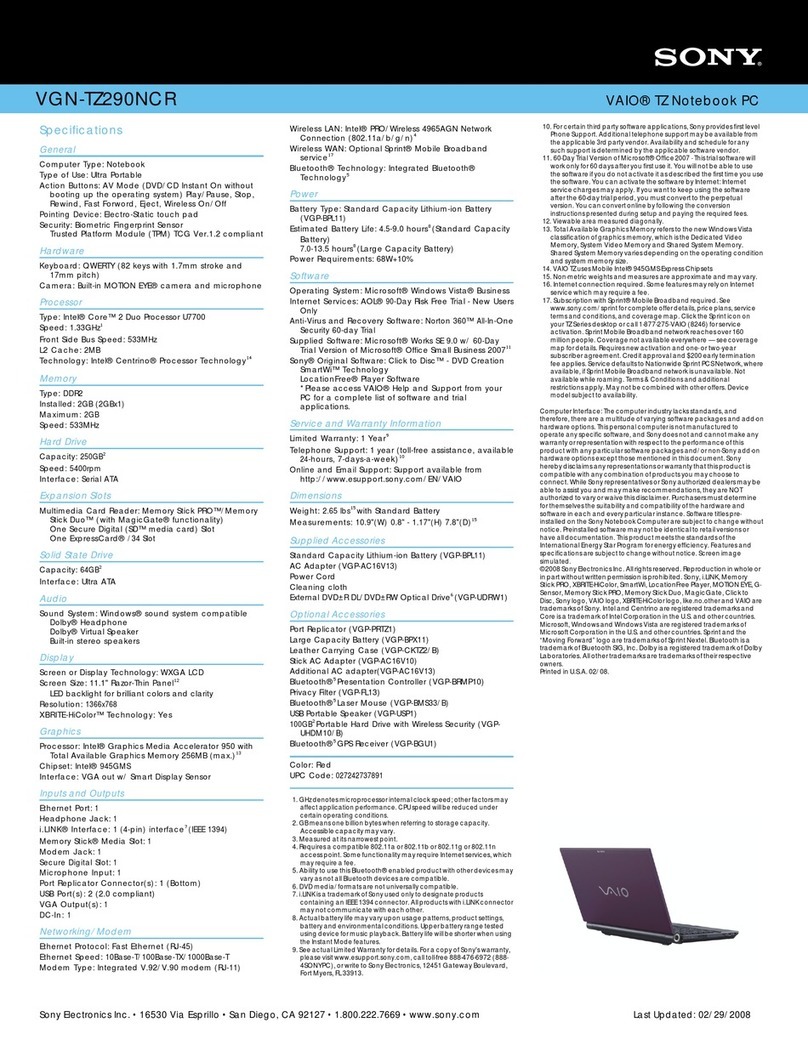 Sony VAIO VGN-TZ290NCR Specifications