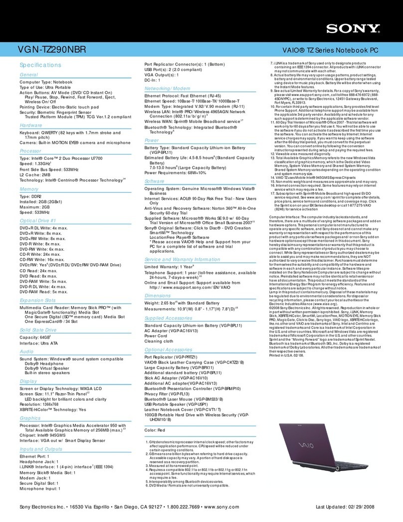 Sony VAIO VGN-TZ290NBR Specifications