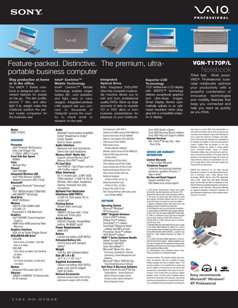 Sony VAIO VGN-T170P Specifications