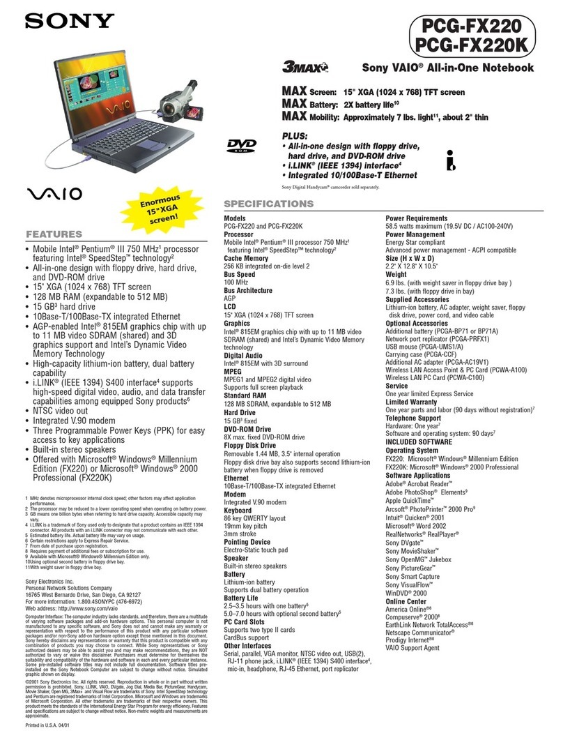 Sony VAIO PCG-FX220 Specifications