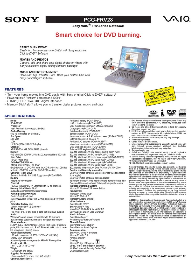 Sony VAIO PCG-FRV28 Specifications