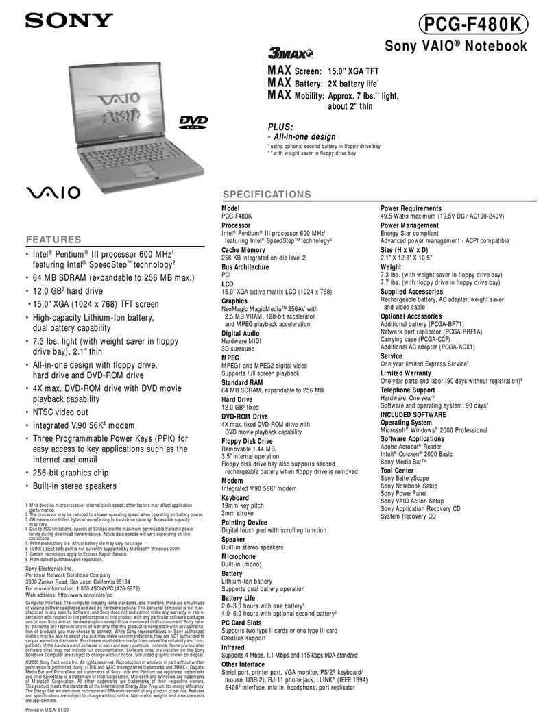 Sony PCG-F480K Primary Specifications