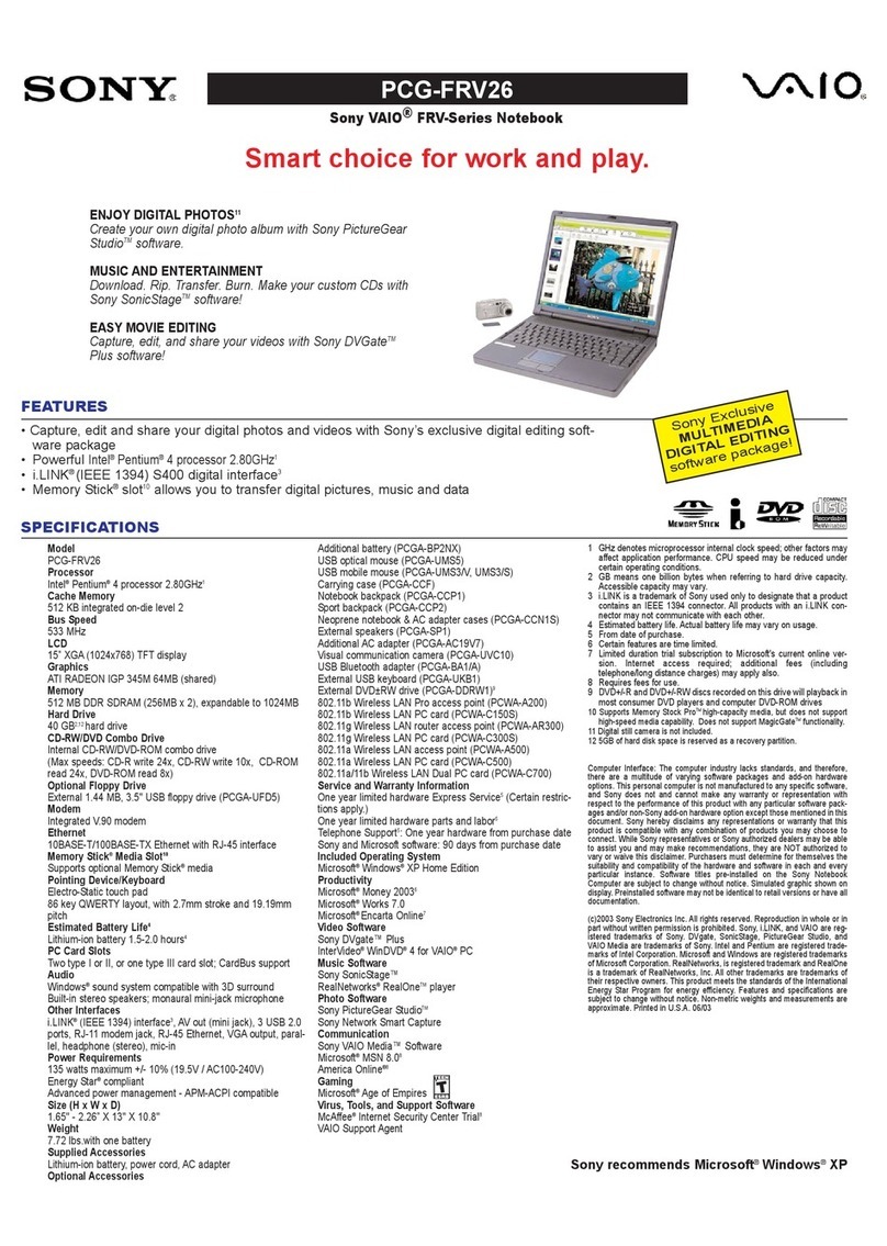 Sony PCG-FRV26 VAIO User Guide (primary manual) Specifications Sony PCG-FRV26 VAIO User Guide (primary manual) Specifications