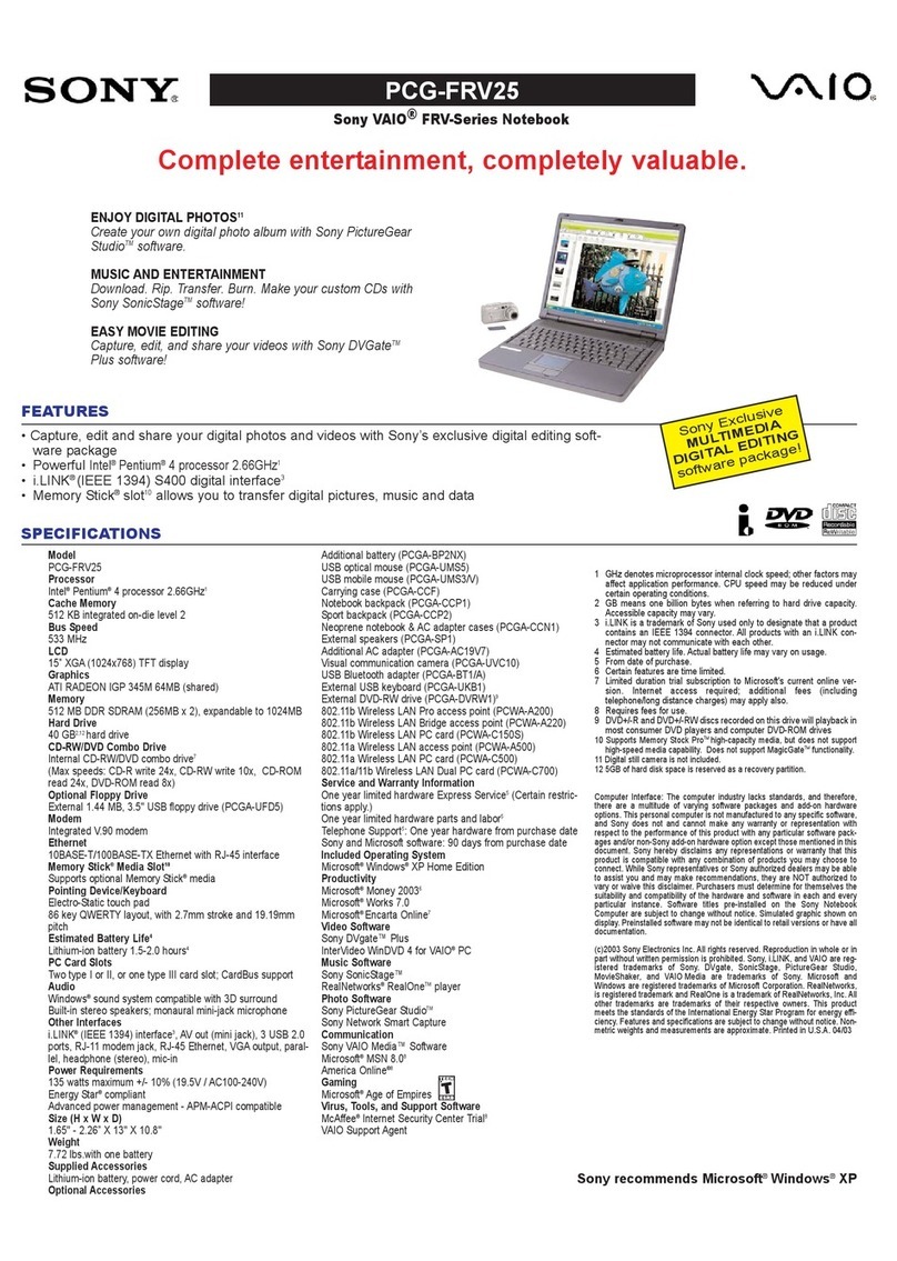 Sony PCG-FRV25 VAIO User Guide  (primary manual) Specifications