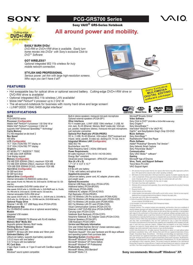 Sony PCG-GRS700K Marketing Specifications Sheet Specifications