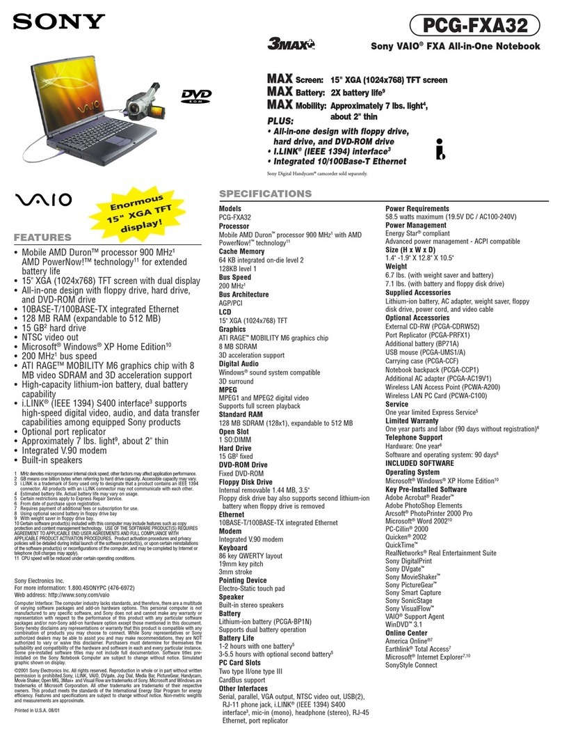 Sony VAIO PCG-FXA32 Specifications