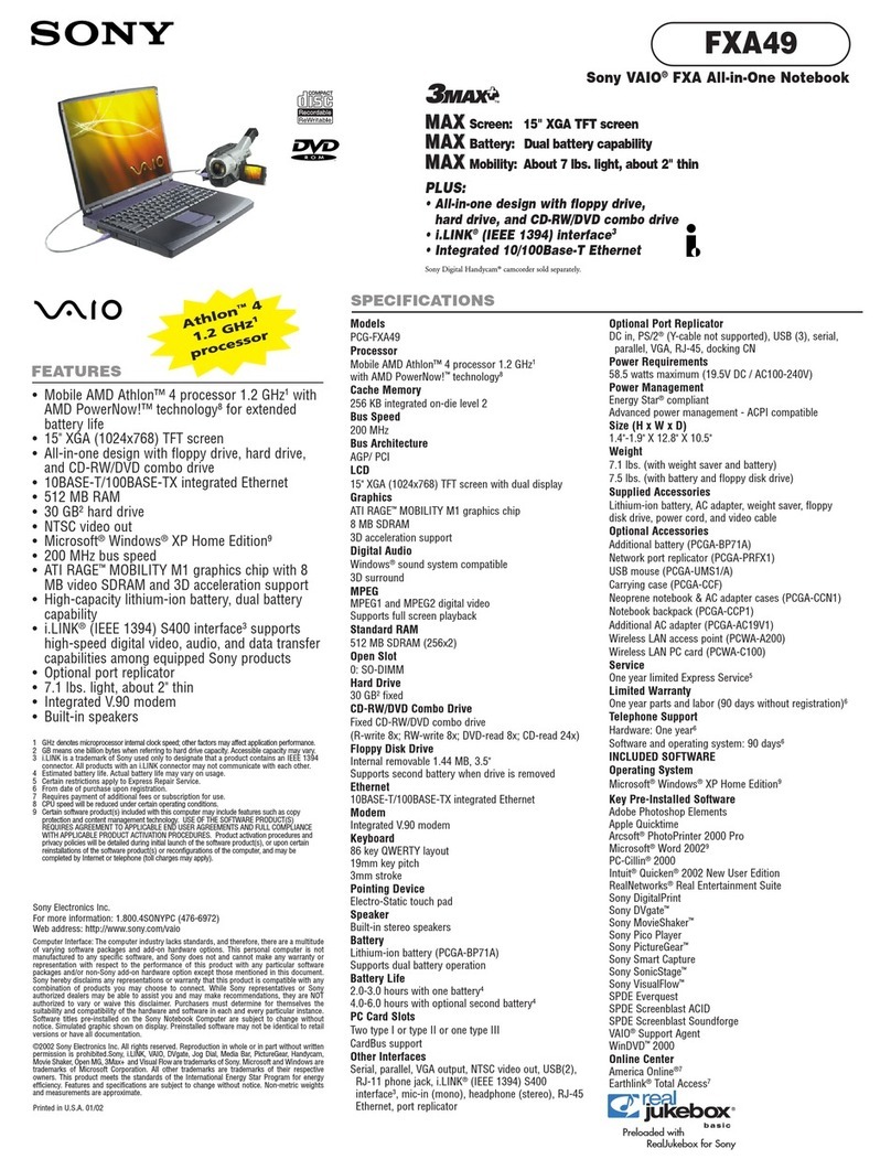 Sony VAIO PCG-FXA49 Specifications