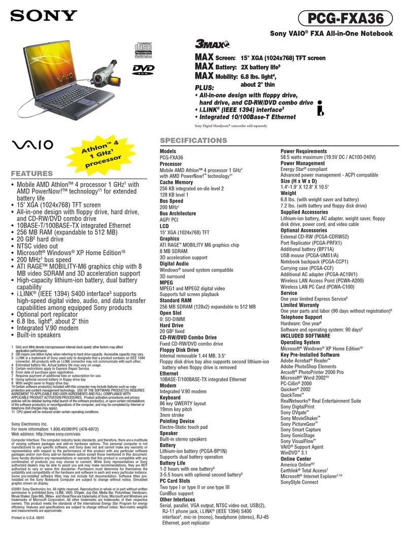 Sony VAIO PCG-FXA36 Specifications