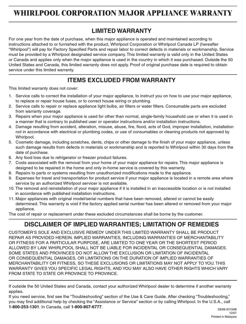 Whirlpool UMC5200BAS Limited warranty