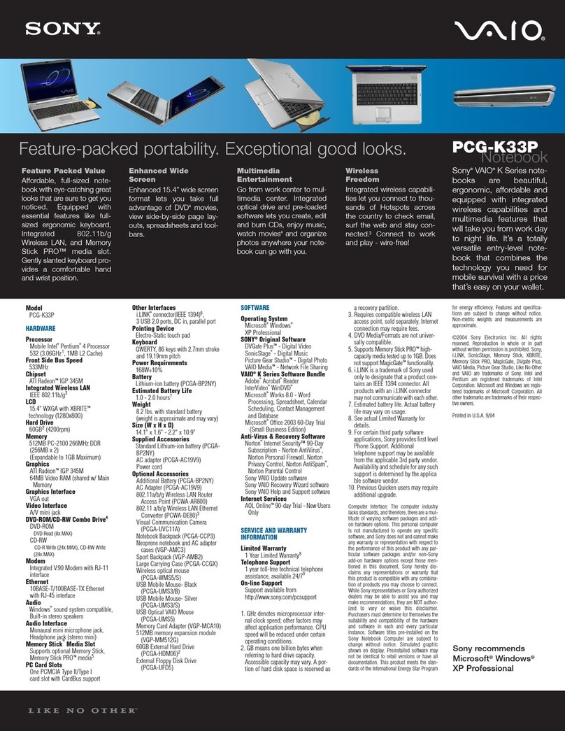 Sony VAIO PCG-K33P Specifications